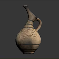 Ancient Hand Carved Terracotta Sculpture Vessel With Long Spout Handle And Patterns