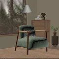 Light Green Velvet Accent Chair with Wooden Frame and Checkered Pillow Near Venetian Blinds