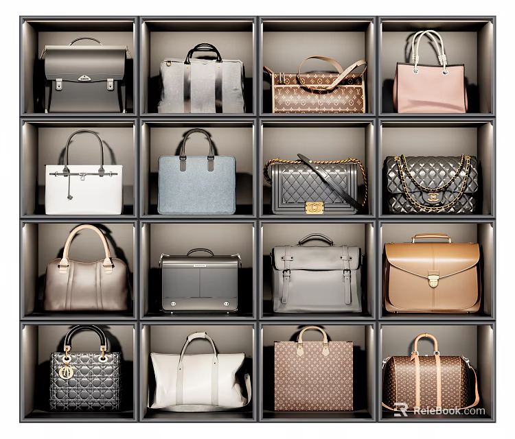 Various Stylish Handbags Neatly Arranged in Grid Display Compartments with Different Colors 3d model 