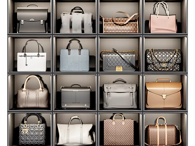 Various Stylish Handbags Neatly Arranged in Grid Display Compartments with Different Colors 3d model