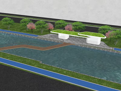 Waterside Landscape Design With Water Area Green Trees Walking Path And White Platform 3d model