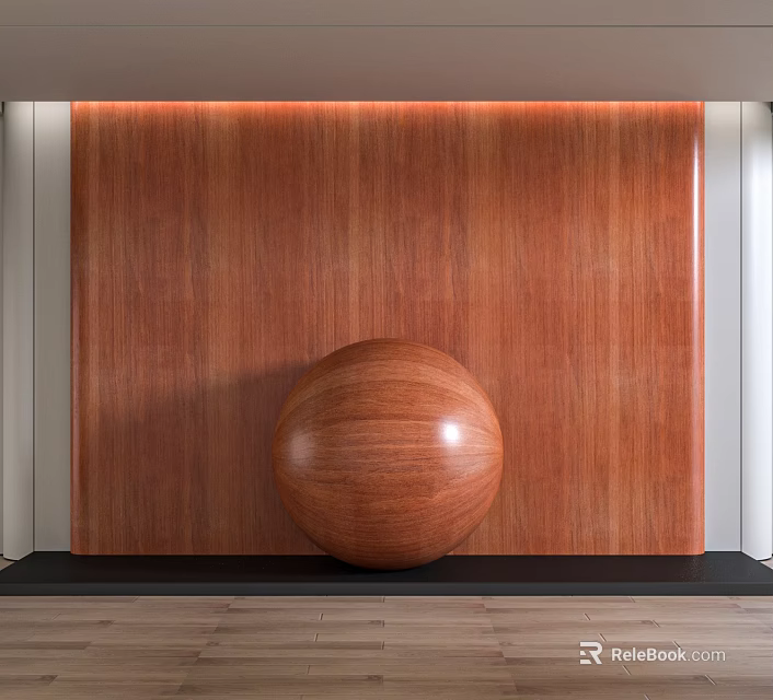 Brown Wooden Wall Panel With Natural Wood Grain And Round Wooden Sphere On Dark Floor 3d model 