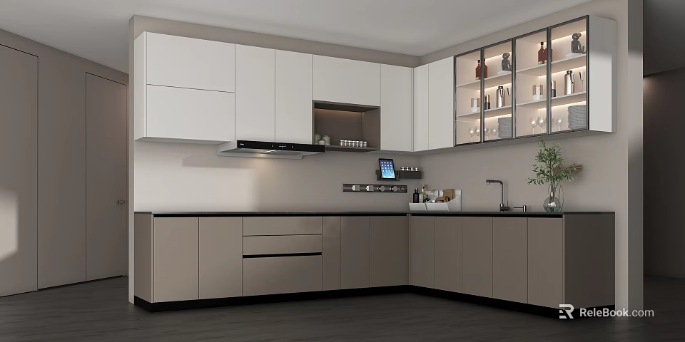 Modern Kitchen Interior Featuring White Upper Gray Lower Glass Door Cabinets And Black Countertop 3d model 