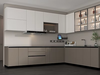 Modern Kitchen Interior Featuring White Upper Gray Lower Glass Door Cabinets And Black Countertop 3d model