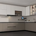 Modern Kitchen Interior Featuring White Upper Gray Lower Glass Door Cabinets And Black Countertop