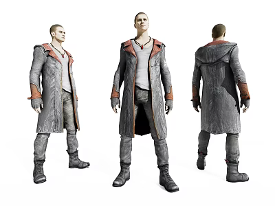 Man In Long Gray Coat With Red Lining White Shirt Three Quarter View 3D Character Model 3d model
