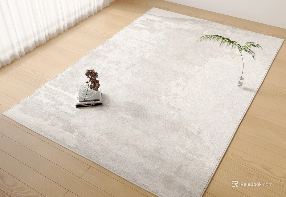 Stylish Square Rug with Gray Gradient Texture on Light Wooden Floor and Small Potted Plant 3d model 