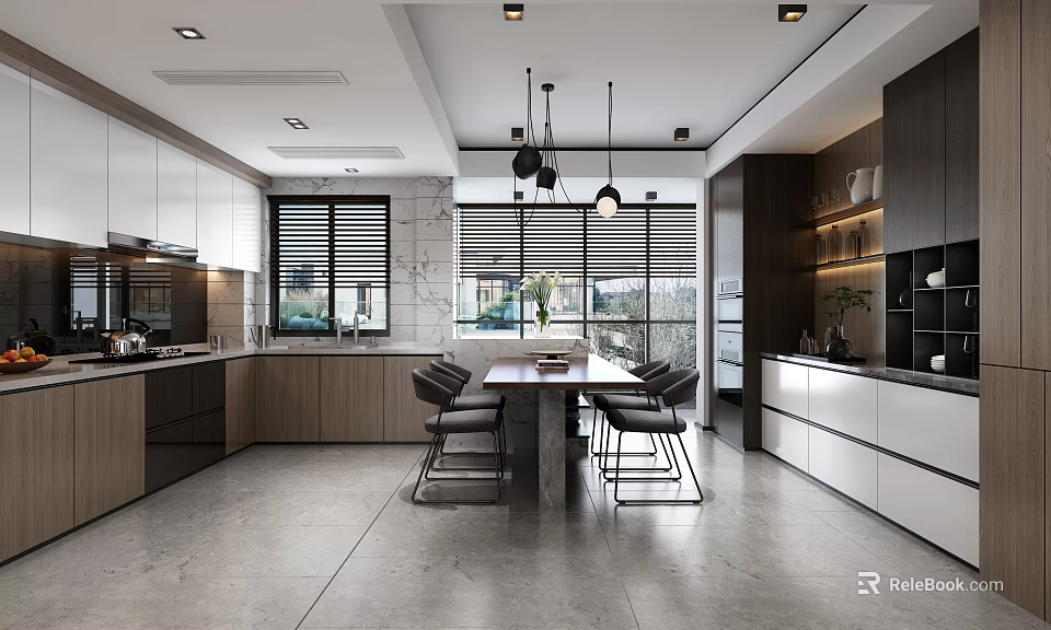 Sleek Modern Kitchen Interior With Island Counter Dining Table And Pendant Lights 3d model