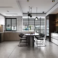 Sleek Modern Kitchen Interior With Island Counter Dining Table And Pendant Lights 3d model