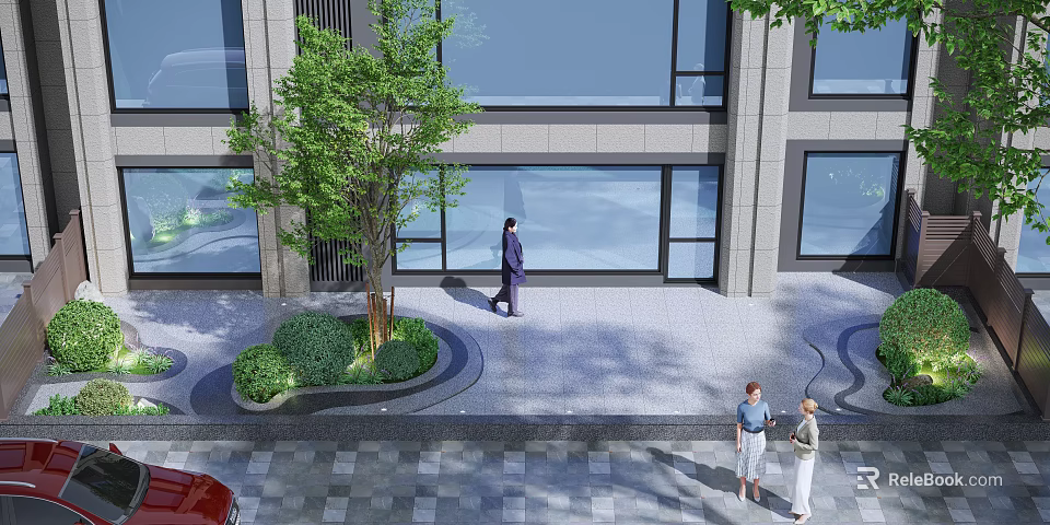 Modern Building Courtyard Landscape Design With Tree Shrubs Paved Ground And Pedestrians 3d model 