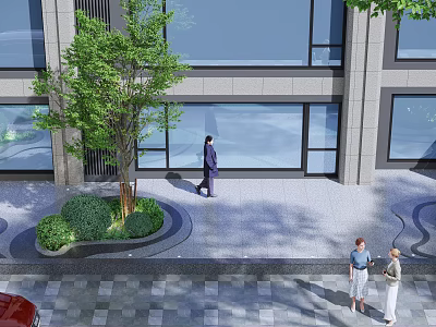 Modern Building Courtyard Landscape Design With Tree Shrubs Paved Ground And Pedestrians 3d model