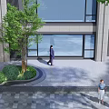 Modern Building Courtyard Landscape Design With Tree Shrubs Paved Ground And Pedestrians