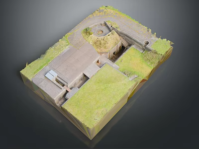 3D Model of Ancient Archaeological Site with Grassland Circular Structure and Square Area 3d model
