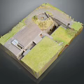 3D Model of Ancient Archaeological Site with Grassland Circular Structure and Square Area