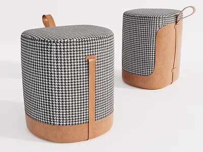 Stylish Modern Ottomans With Black White Houndstooth Fabric And Brown Leather Trim Handles 3d model