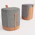 Stylish Modern Ottomans With Black White Houndstooth Fabric And Brown Leather Trim Handles