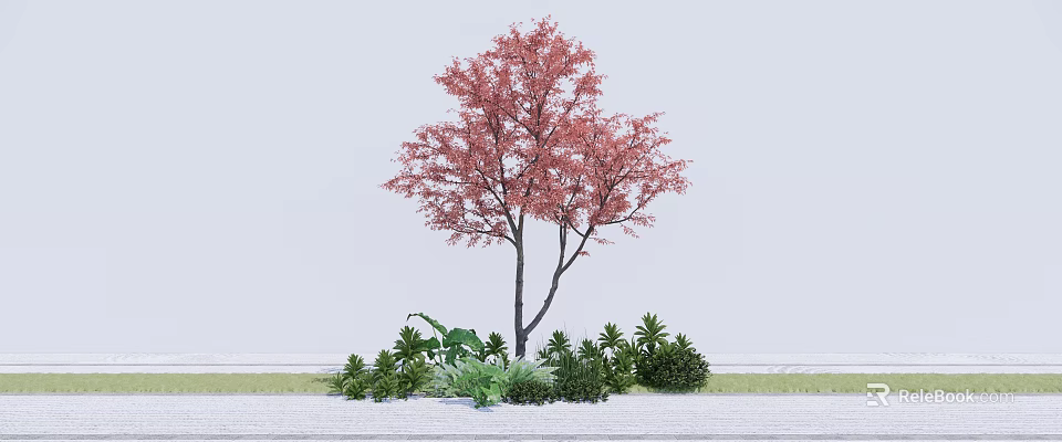 Red Leaf Arbor with Dark Trunk Surrounded by Green Shrubs and Plants 3d model 