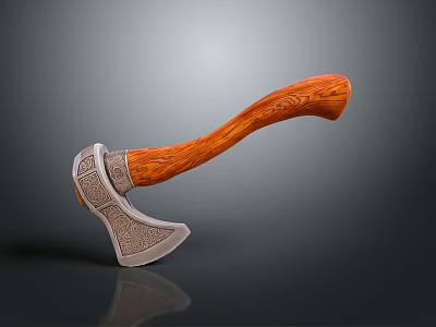 Handcrafted Axe Weapon With Carved Wooden Handle And Intricate Metal Head Design 3d model
