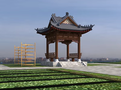 Traditional Ancient Chinese Pavilion With Curved Roof Wooden Structure And Scenic Grassland View 3d model