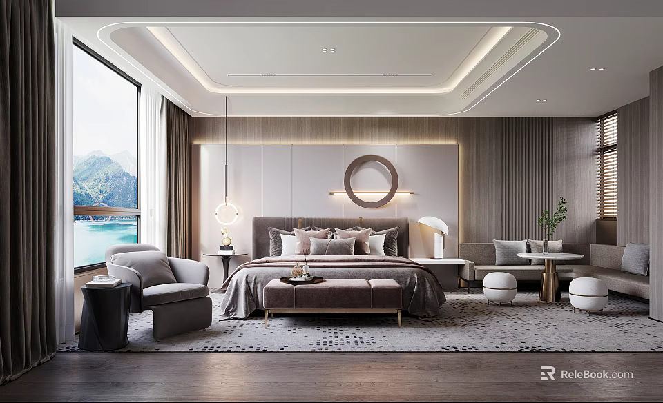 Modern Bedroom Interior Design With Large Window Mountain Lake View Circular Decor And Gray Armchair 3d model 