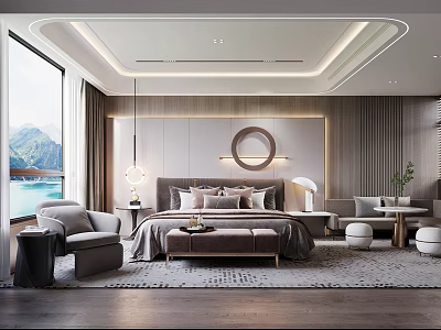 Modern Bedroom Interior Design With Large Window Mountain Lake View Circular Decor And Gray Armchair 3d model
