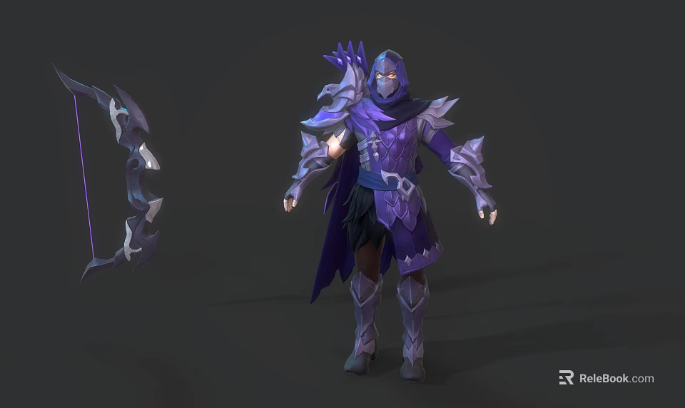 Intricate Purple Bow Weapon For Hooded Warrior In Mythical Armored Outfit 3d model 