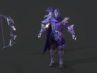 Intricate Purple Bow Weapon For Hooded Warrior In Mythical Armored Outfit 3d model