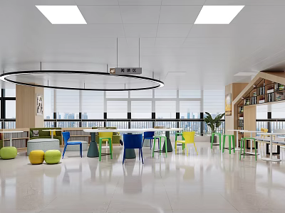 Bright Spacious Lounge Area With Colorful Chairs Round Tables And Large Windows 3d model