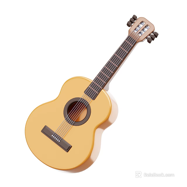 High Quality Wooden Acoustic Guitar With Six Strings Yellow Body And Tuning Pegs 3d model 