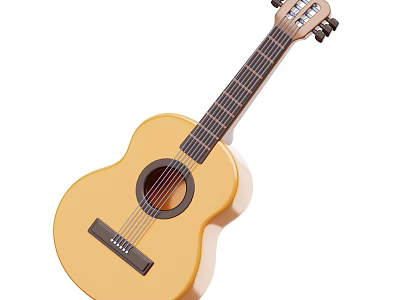 High Quality Wooden Acoustic Guitar With Six Strings Yellow Body And Tuning Pegs 3d model