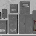 Industrial Equipment Metal Distribution Boxes Control Cabinets With Various Sizes Shapes Textured Surfaces Colored Cables