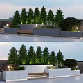 Modern Outdoor Flower Bed And Planter Landscape Design With Green Trees And Lighting