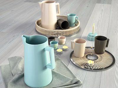 Modern Tea Ware Set with Blue Beige Black Pitchers Cups and Woven Trays for Home 3d model