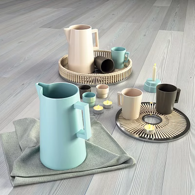 Modern Tea Ware Set with Blue Beige Black Pitchers Cups and Woven Trays for Home 3d model
