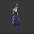 Anime Game Character With Blonde Hair Yellow Blue Outfit Holding Blue Orange Weapons Standing In Dark Background