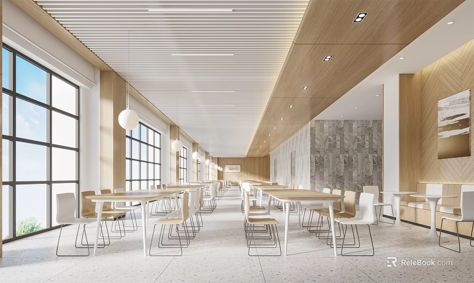 Bright Modern Dining Hall Interior With Long Tables White Chairs Wooden Walls And Large Windows 3d model 