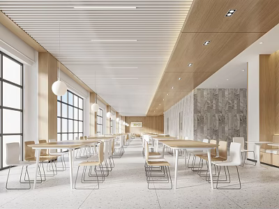Bright Modern Dining Hall Interior With Long Tables White Chairs Wooden Walls And Large Windows 3d model
