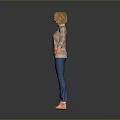 A Woman in Patterned Sweater Blue Pants Brown Shoes with Arms Outstretched Against Gray Background