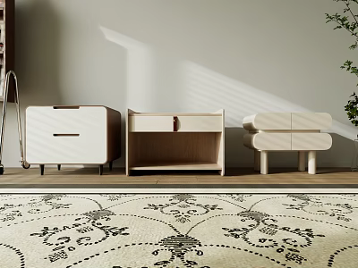 Three Minimalist Wooden Bedside Tables With Drawers For Bedroom With Carpet And Plant 3d model