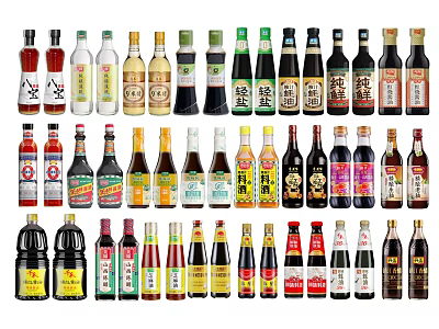 Assorted Colorful Condiment Bottles with Different Labels for Kitchen Cooking Essentials 3d model