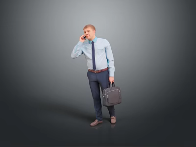 Businessman Talking on Phone in Light Blue Shirt Holding Gray Briefcase Against Gray Background 3d model
