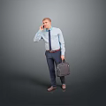 Businessman Talking on Phone in Light Blue Shirt Holding Gray Briefcase Against Gray Background