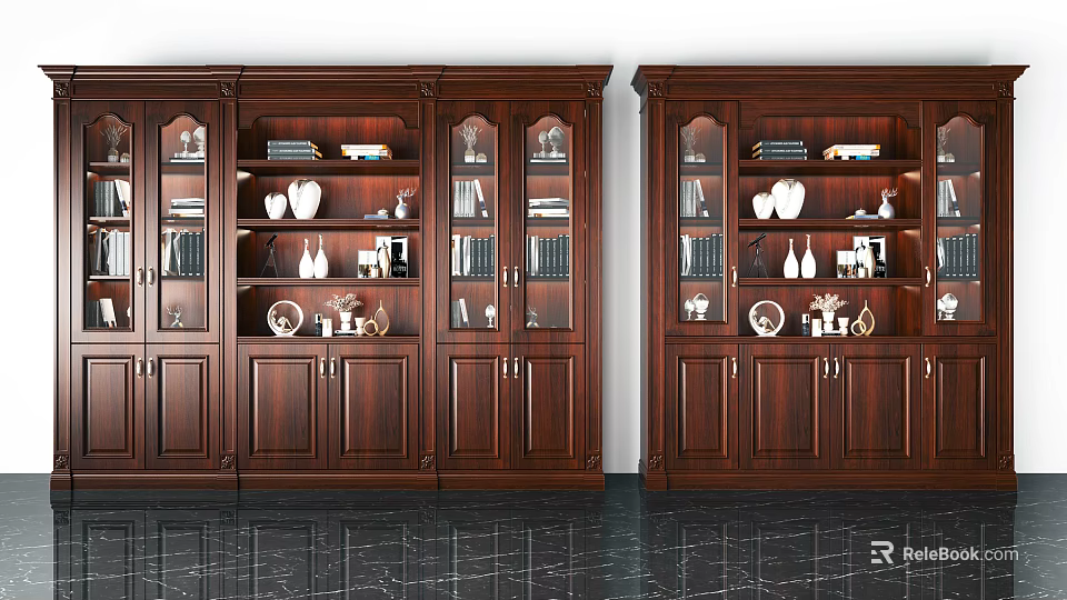 Traditional Dark Wooden Bookcase With Glass Doors And Decorative Books Vases Inside 3d model 