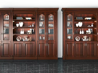 Traditional Dark Wooden Bookcase With Glass Doors And Decorative Books Vases Inside 3d model