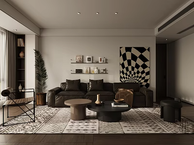 Modern Living Room Interior With Dark Sofa Coffee Tables Checkered Wall Art And Patterned Rug 3d model