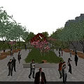 Scenic Park Landscape With Green Trees Pink Flowers And Walking People On Pathways