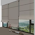 Beige Roller Blinds On Large Windows With Lake View And Window Sill Plants 3d model