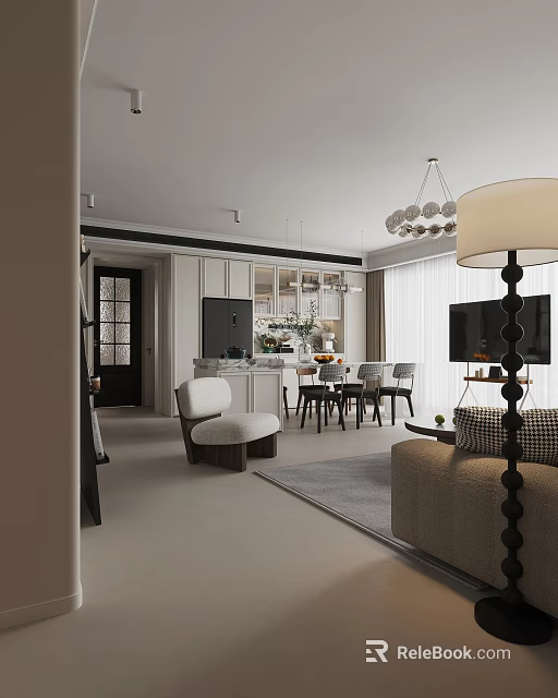 Modern Living And Dining Room Interior With Sofa Dining Table And Chandelier 3d model 