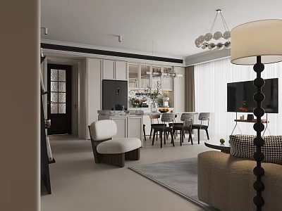 Modern Living And Dining Room Interior With Sofa Dining Table And Chandelier 3d model