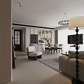Modern Living And Dining Room Interior With Sofa Dining Table And Chandelier